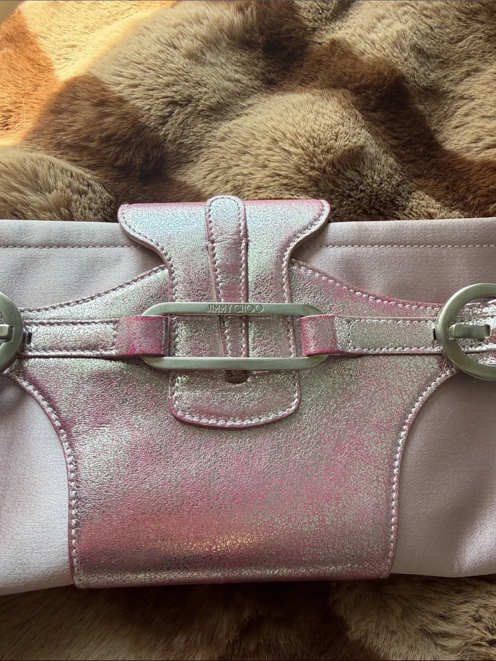 Jimmy Choo Pink Metallic Foldover Clutch with Buckle Detail